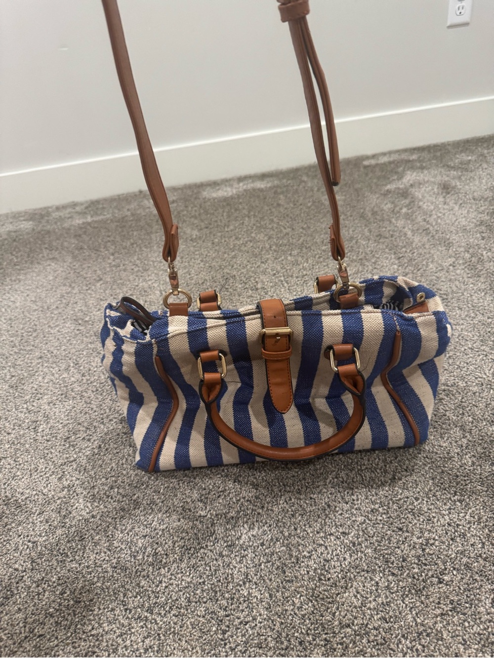 Nila Anthony Blue and Cream Striped Canvas Tote with Brown Trim